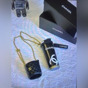 CHANEL Black Coffe Cup with Black Quilted Holder and Crossbody Chain